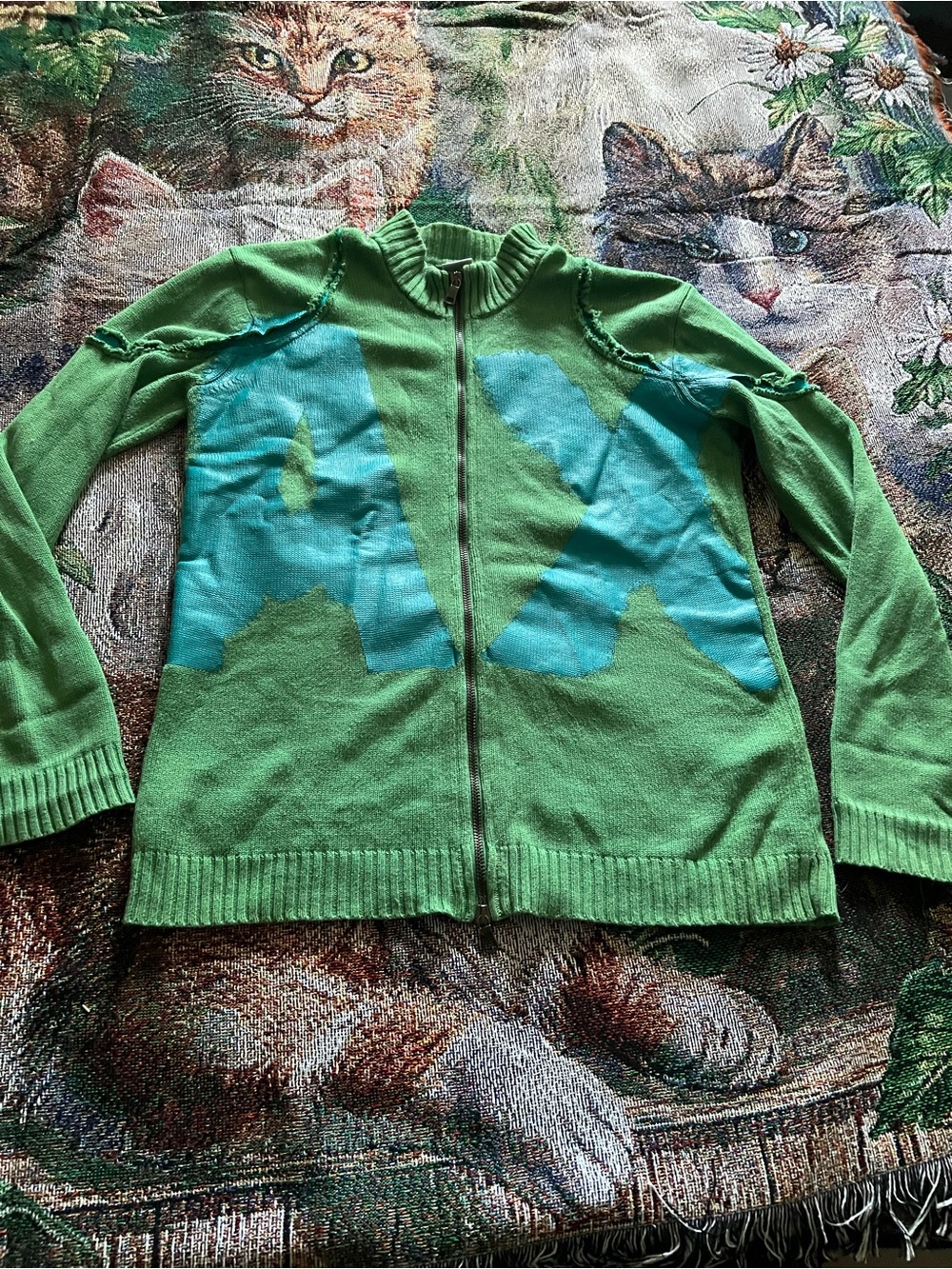 Armani Exchange Green Zip-Front Cardigan with Blue Accent